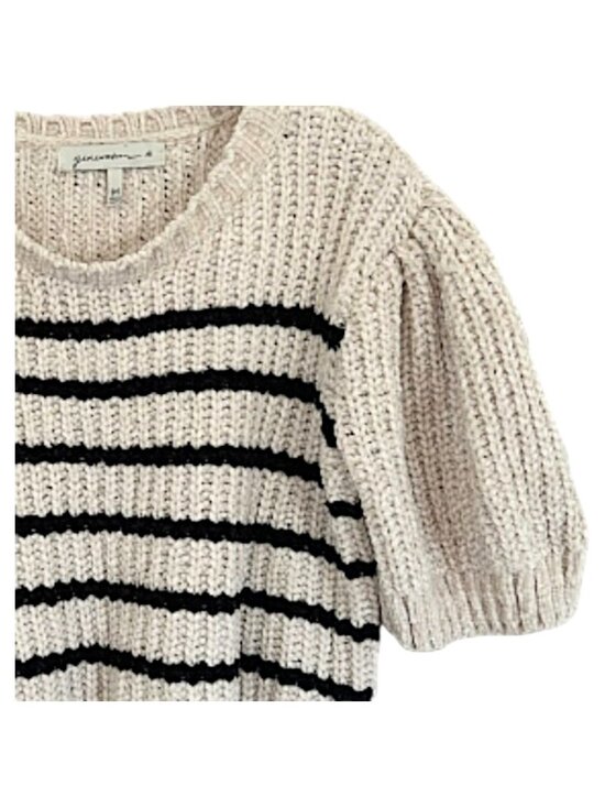 Designer Inspired Striped Puff Sleeve Cropped Sweater Cream/Black M Soft Knit - Picture 2 of 6